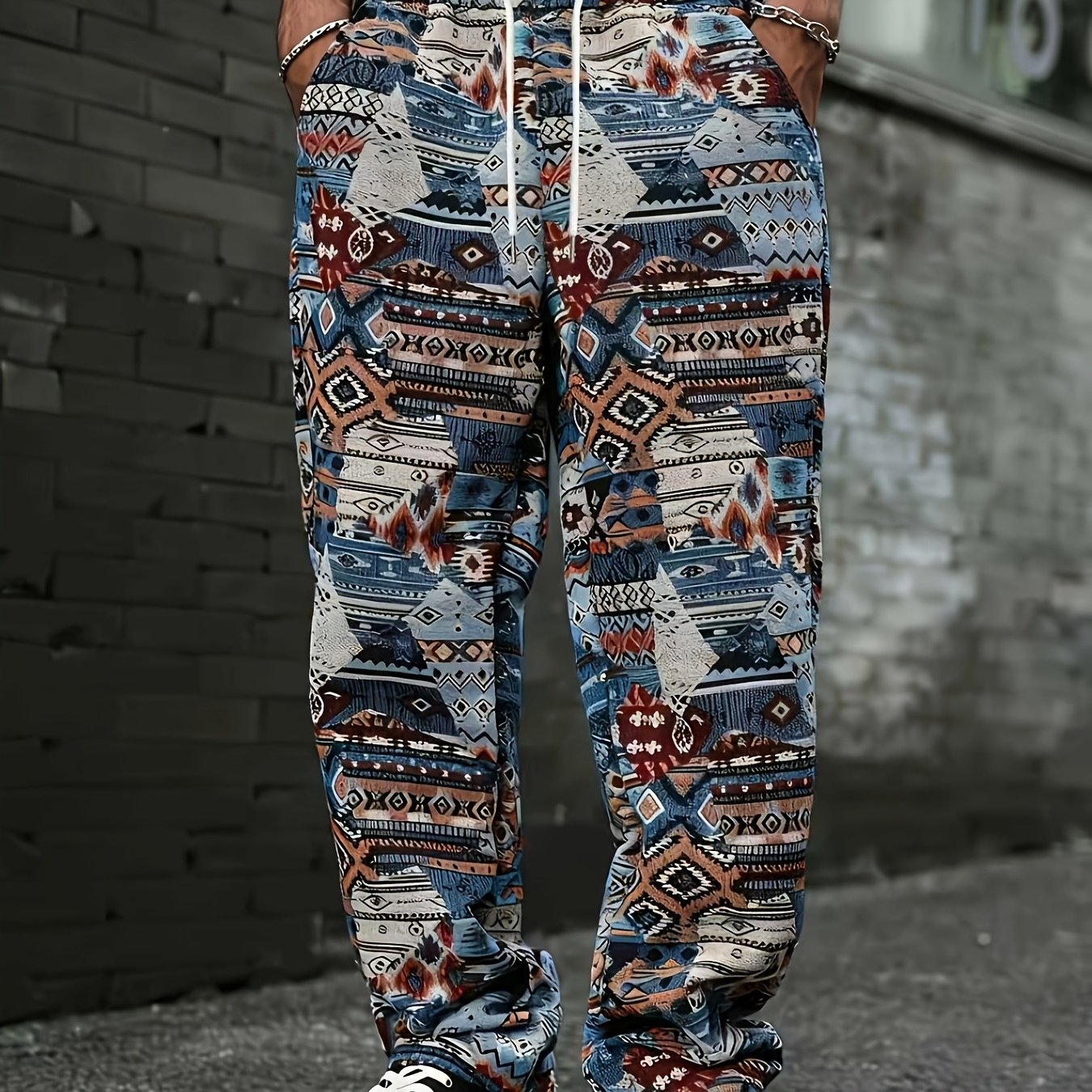 TEMU Men's Ethnic Jacquard Straight-leg Pants - Vintage Loose Fit Trousers With Suitable For , Machine Washable , Comfortable Casual Wear & Holiday