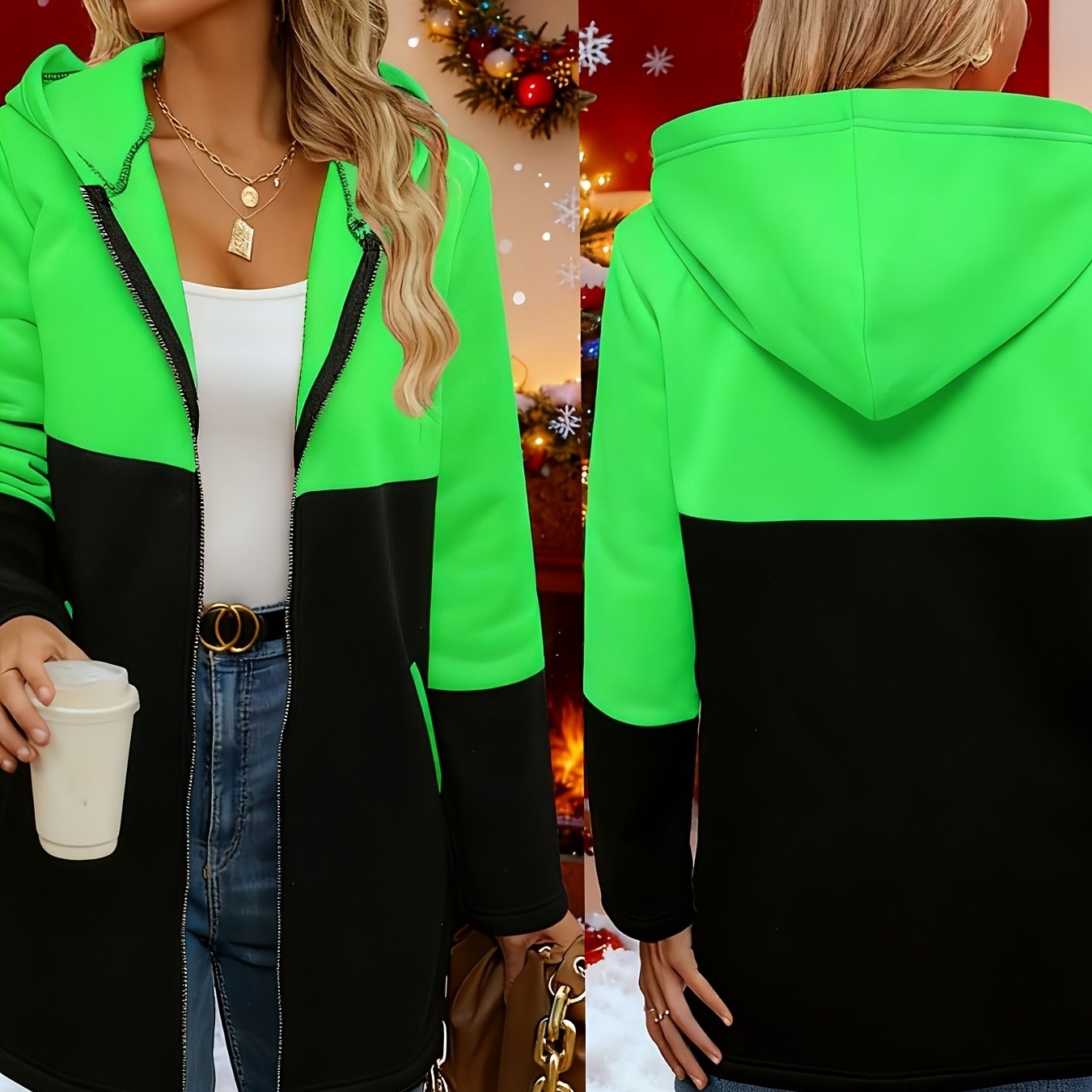 E-shop Eine stylische und lässige Langarm-Hoodie-Jacke für Damen in Unifarben und Color-Blocking-Design, mit und lockerer Passform mit Reißverschluss,