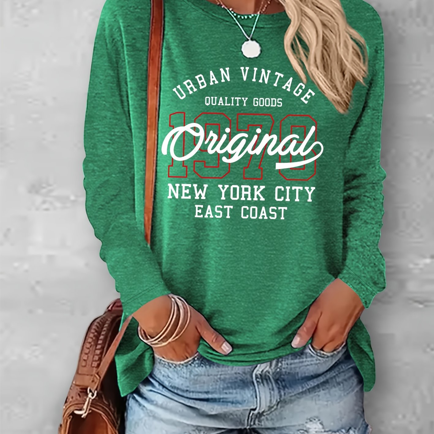 TEMU Women's City Vintage T-shirt - Oversized Casual Long Sleeve Round Neck Tee With Nyc Taxi, Statue Of & Print, S-xxl Sizes, Fit For Urban