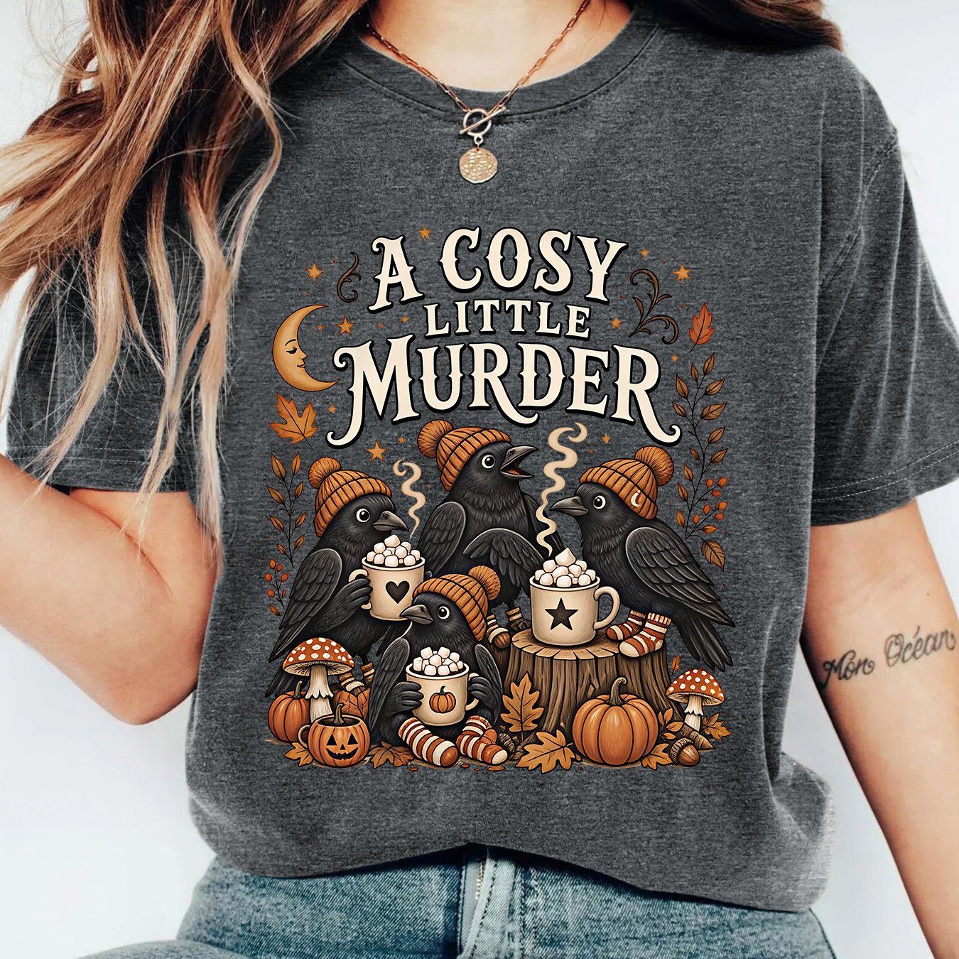 TEMU Women's Autumn Winter Halloween T-shirt | Autumn Crow Pattern Short Sleeve | Pumpkin Crow Warm Autumn Retro Illustration Print | Loose Home