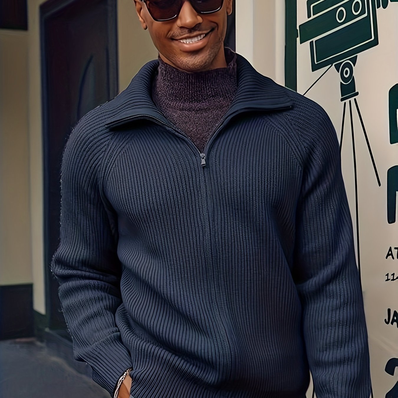 Мужскойтемно-синийсвитер-пальтонамолнии-застежканамолнииснизувверх,воротникслацканамиирукавареглан,всесезоннаяповседневнаяверхняяодежда,машиннаястирка