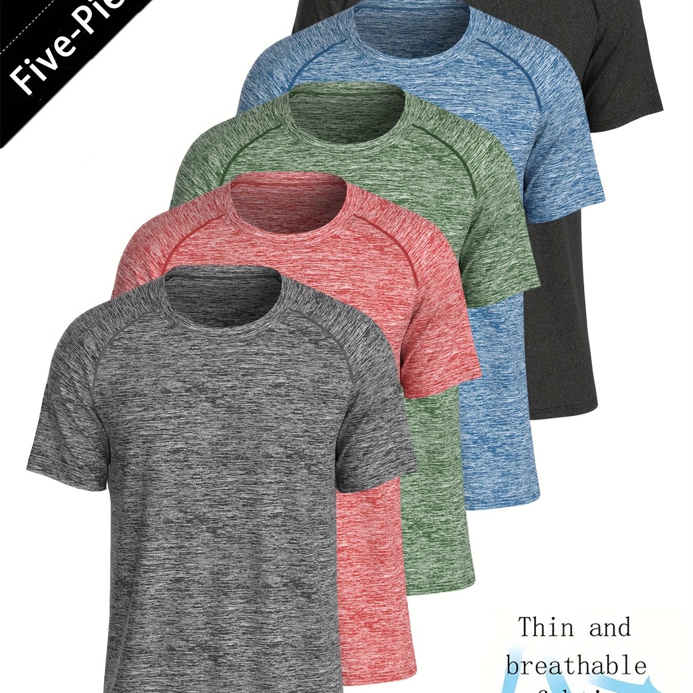 Image of 5-pc T-shirts, Men's Casual Comfortable T-shirts, Breathable Moisture-wicking Round Neck Short Sleeves, Fashionable Short Sleeve Top, Suitable For Summer Daily Wear