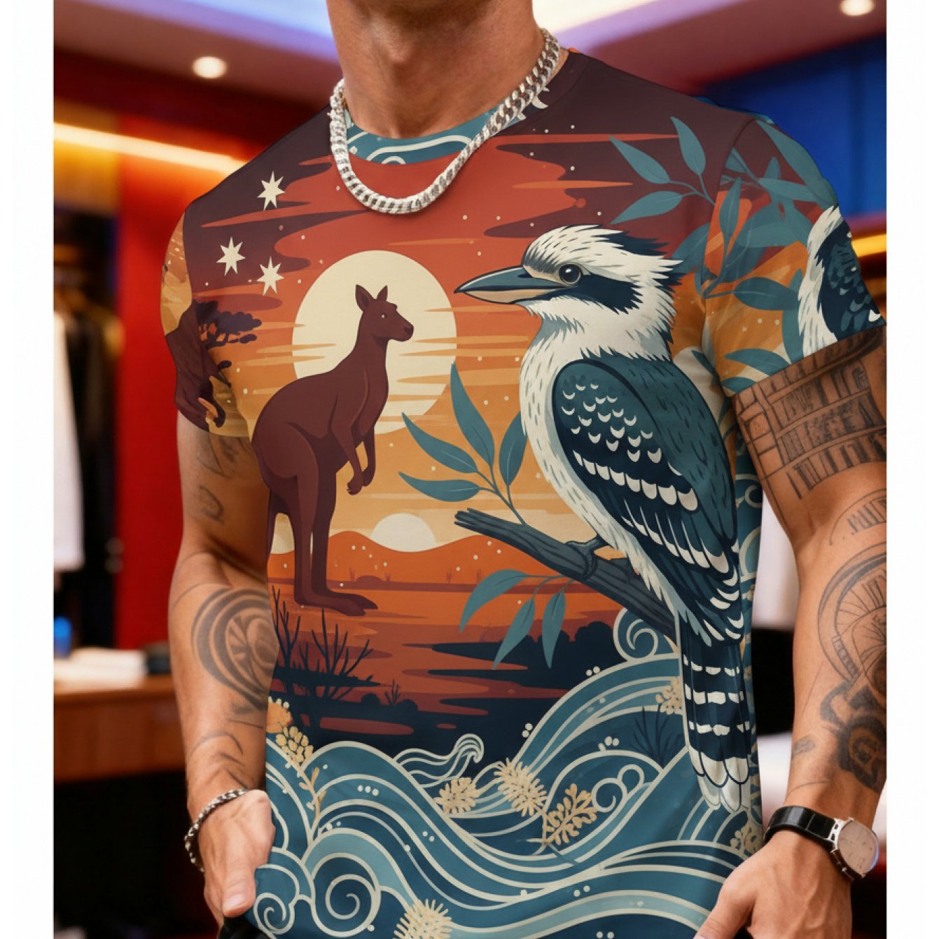 TEMU Australian Style Laughing Kangaroo Plus Size Men's Short Sleeve T-shirt, Plus Size Loose Fit Round Neck Casual Summer