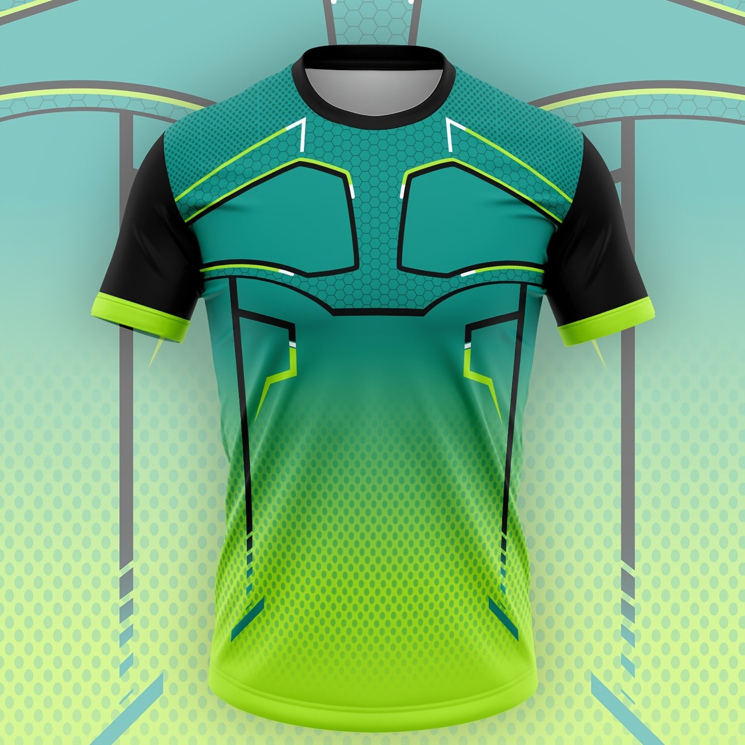 TEMU Tech-style Gradient Esports Style Men's Short Sleeve Quick-dry Breathable Athletic T-shirt, Geometric Mecha , Trendy Individual Fitness Training