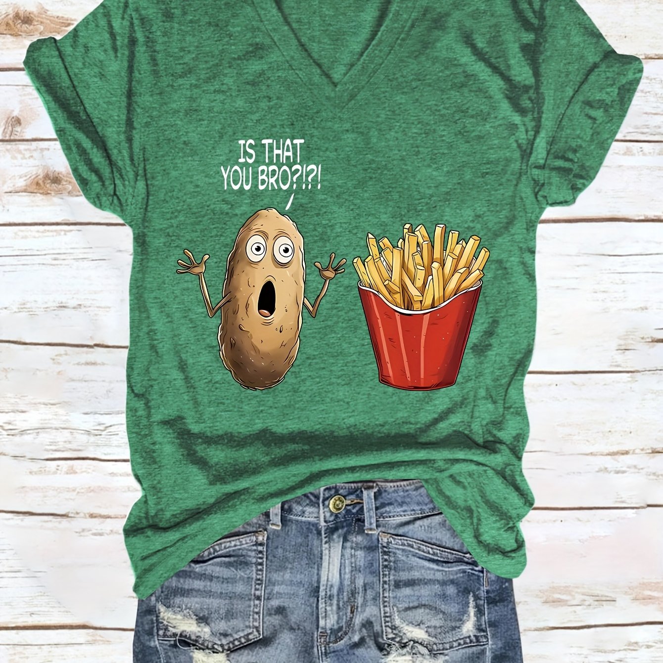 TEMU Women's Casual V-neck T-shirt With Funny "is That You Bro?" Potato & Fries Graphic - Short Sleeve Tee For Casual Attire, Ladies T Shirts