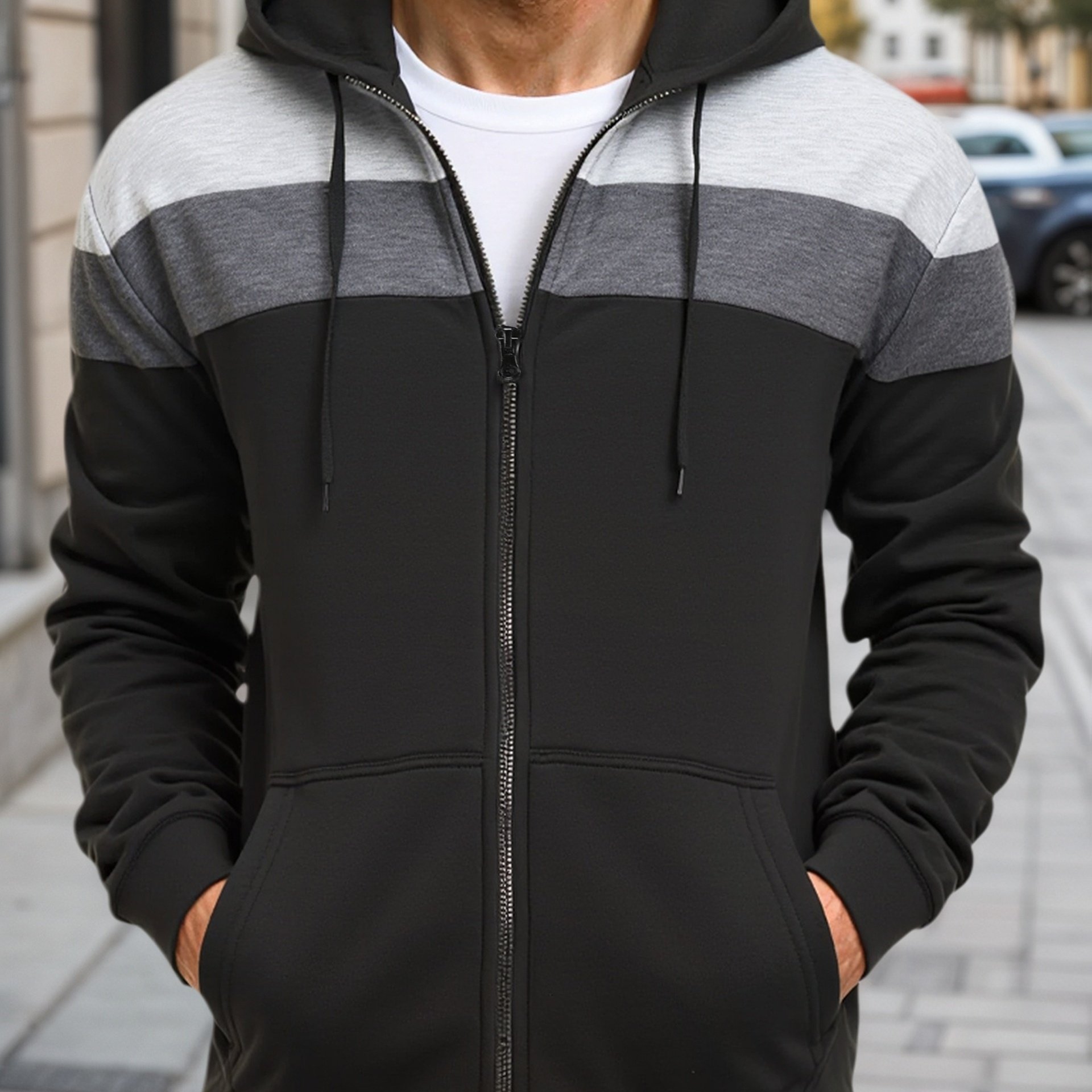 TEMU Men's -block Hooded Zip-up Sweatshirt, Lightweight Color-split Design Sporty Long-sleeve Jacket, Regular Fit, Casual, Summer, Sport