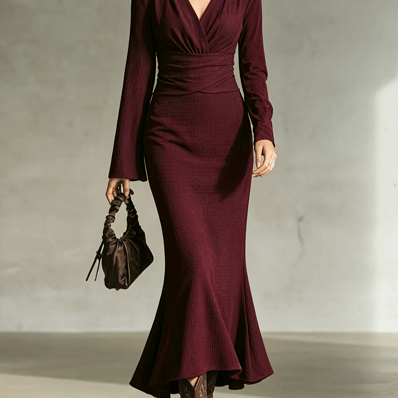 Image of 2026 New Women's Retro Style Dark Brown Slim Fit Dress, V-neck, Crossover Waist, Flared Sleeves, Bodycon Fishtail Long Skirt, Gentle Yet With A Touch Of