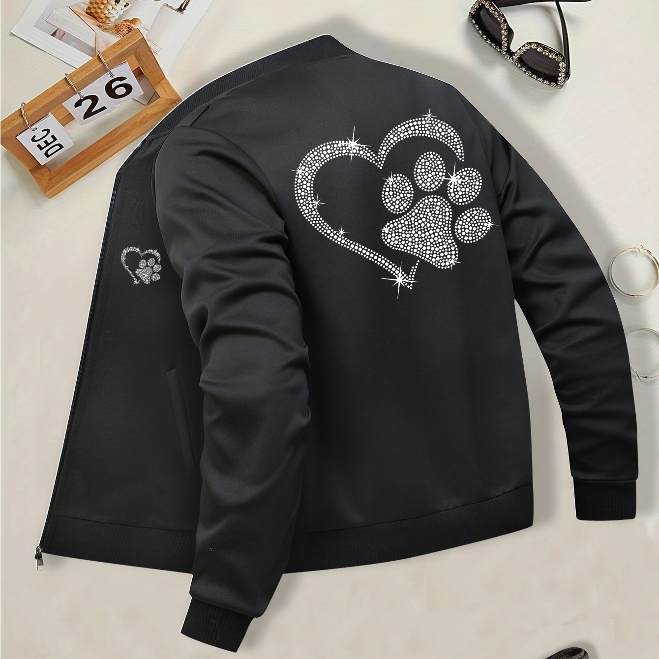TEMU 1pc Women's Casual Polyester Jacket With Heart & Paw Print, Long Sleeve Stand Collar Zip-up With Pockets, Knit Fabric Outerwear