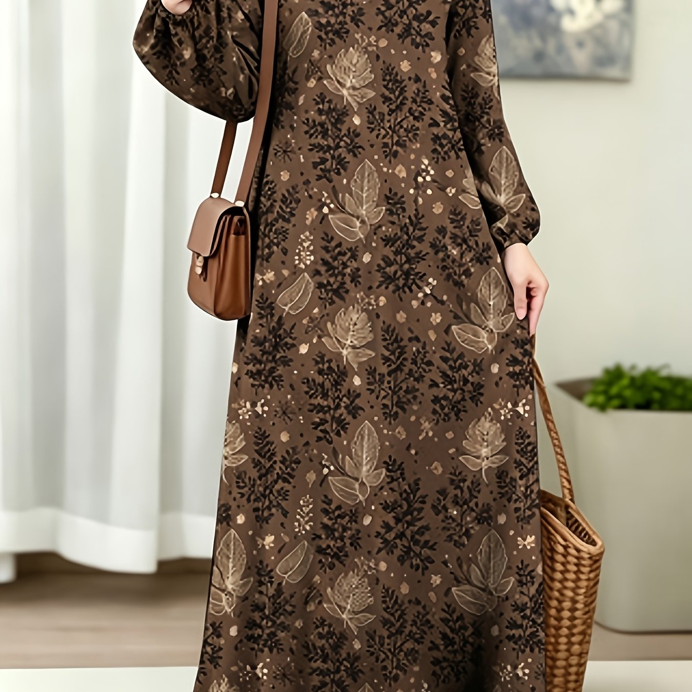 TEMU 2026 , Women's Robe, Loose Fit, Casual Fashion, Traditional Style, Floral Pattern, Suitable For Easy Long Sleeve Floral Long Dress, , (headscarf