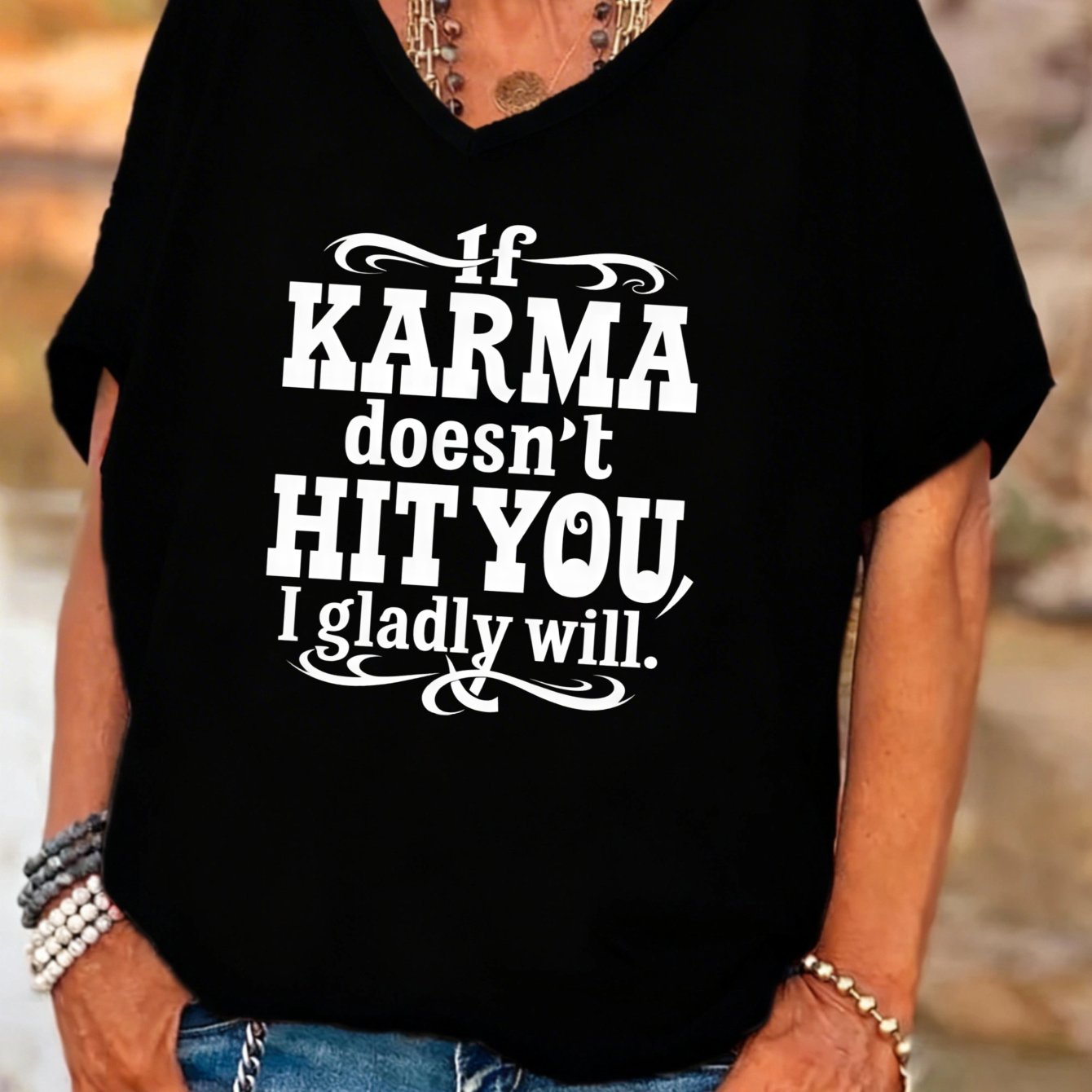 TEMU Plus Size, Plus Sizecasual Style Women's V-neck Batwing Sleeves T-shirt For Karma Quote Graphic Design For Casual Attire And Gift For