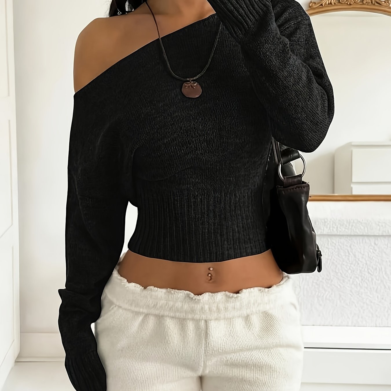 TEMU Elegant Neck/off-shoulder Slim Fit Sweater - Medium-stretch Solid Color Top Suitable For Parties, Weddings & -casual Wear - Versatile Blouse (no