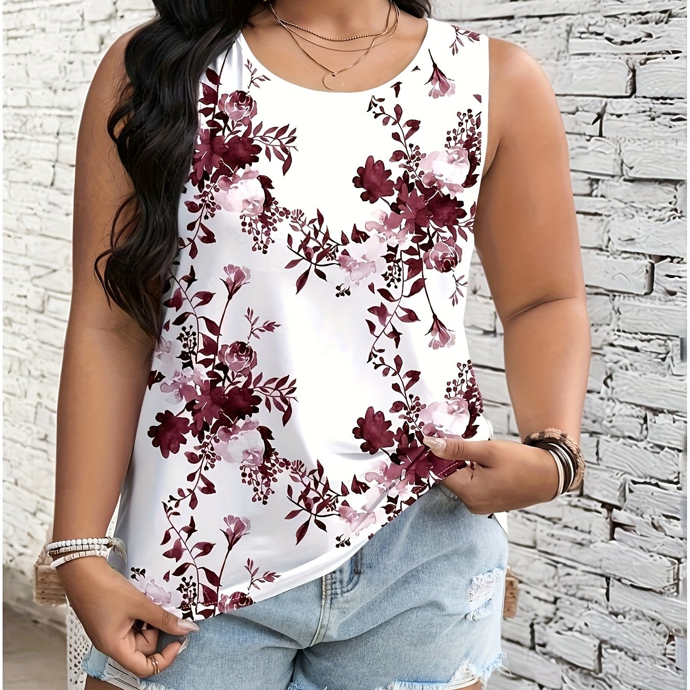 TEMU Plus Size, Women's Plus Size Summer Graphic Print Tank Top T-shirt, Printed Tee, Women's Top