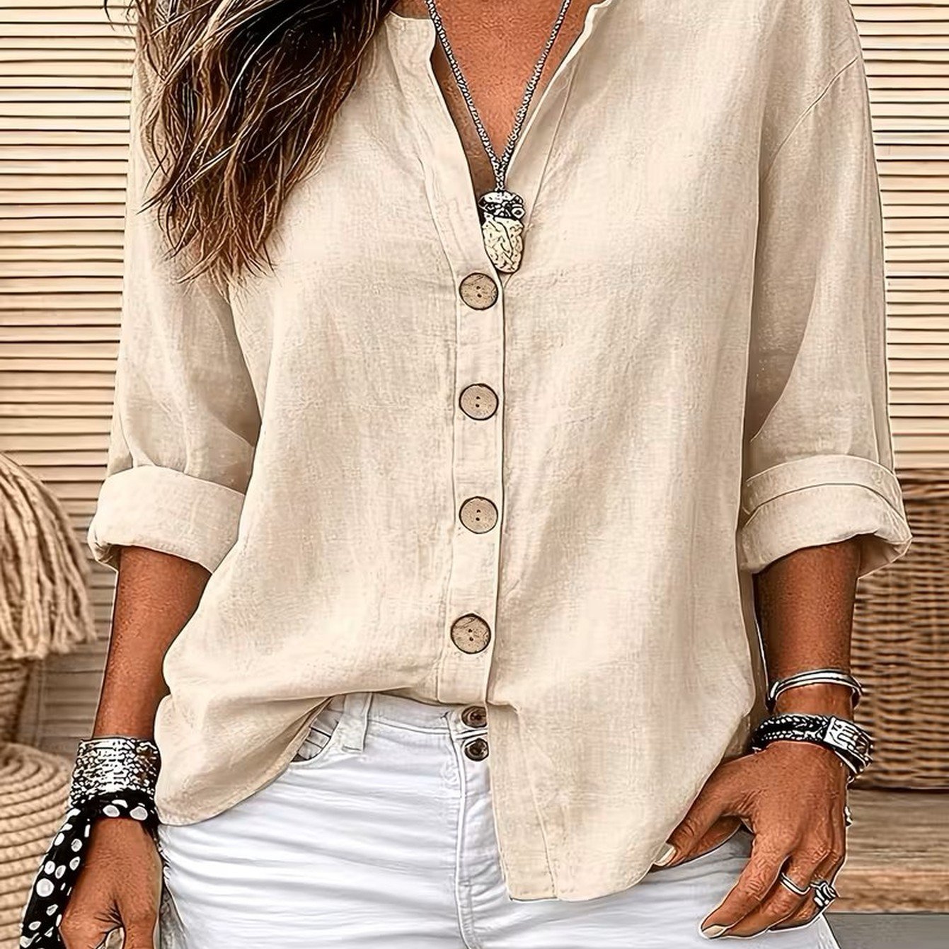 TEMU Women' Color Shirt, Round Neck Button-up, Loose Fit, Casual Wear, Spring Summer Women's Blouse
