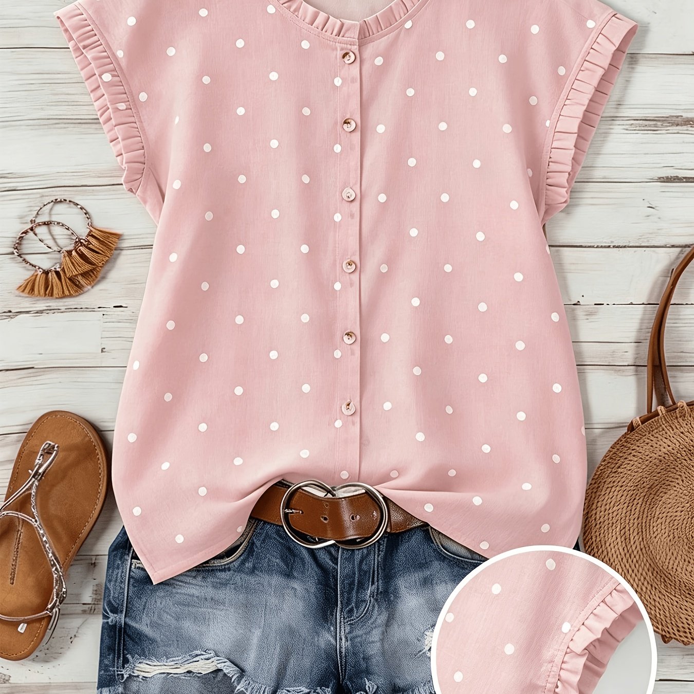 TEMU Women's Vintage Polka Dot Ruffle Trim Round Neck Sleeveless Button-up Shirt
