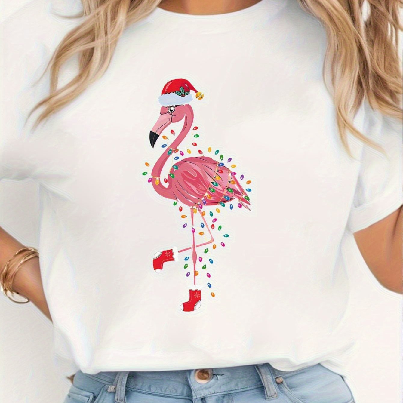 TEMU 1pc Pink Flamingo With Christmas Lights Print T-shirt - Comfortable, Breathable, Casual Wear, Round Neck, Short Sleeve, Top, Holiday Casual Wear