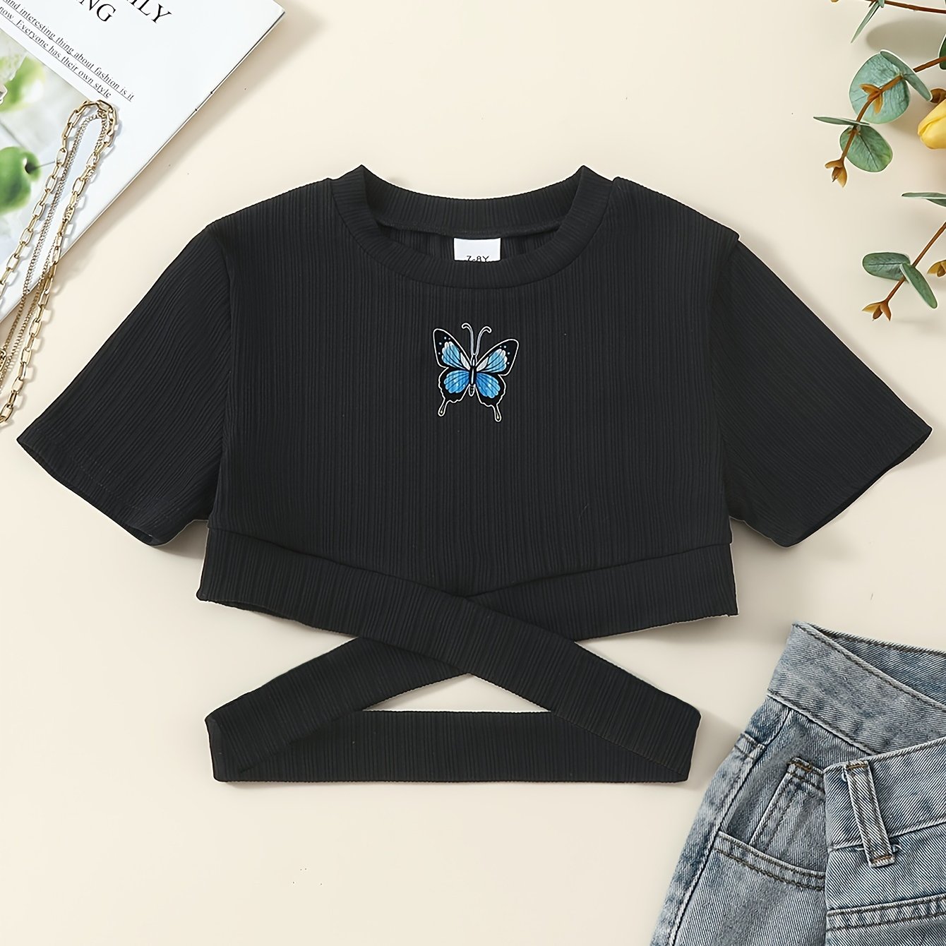 Girls' Short Round Neck Tight Cross-halter Short Sleeve T-shirt, Casual T-shirt
