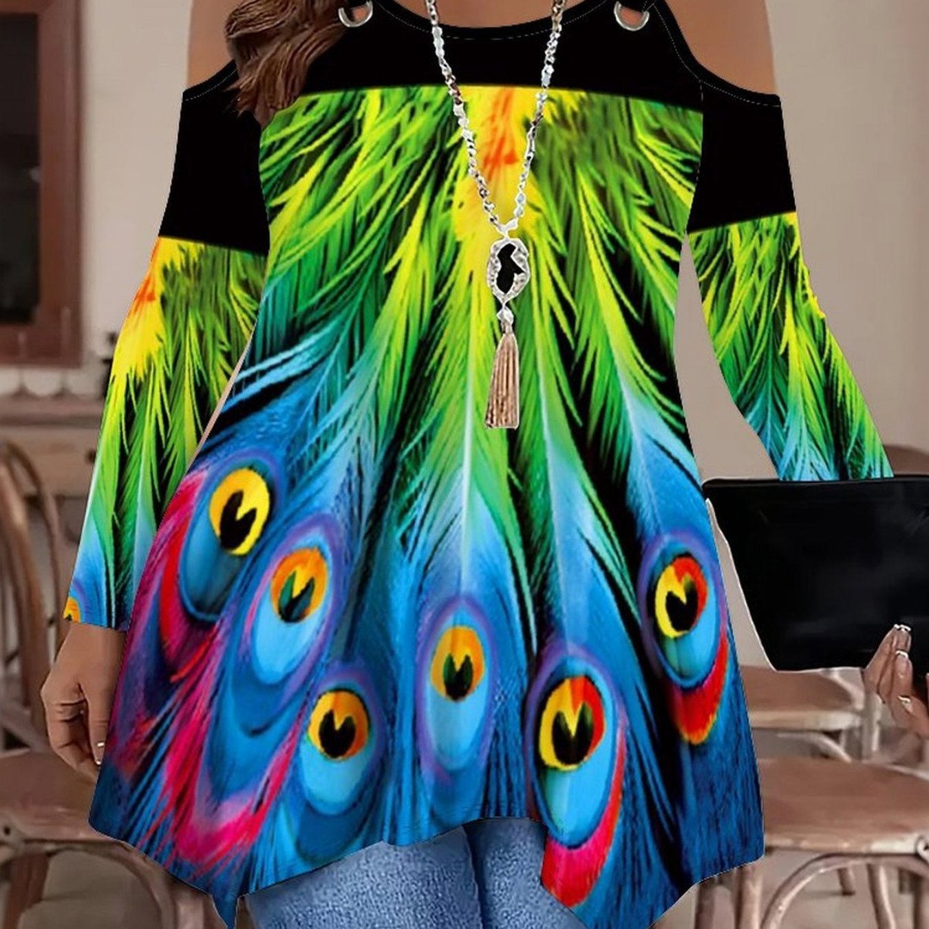 TEMU Plus Size - Women's Fashion Elegant Long Sleeve T-shirt, Double Off-shoulder Design, Pattern, Plus Size Loose Tank Top