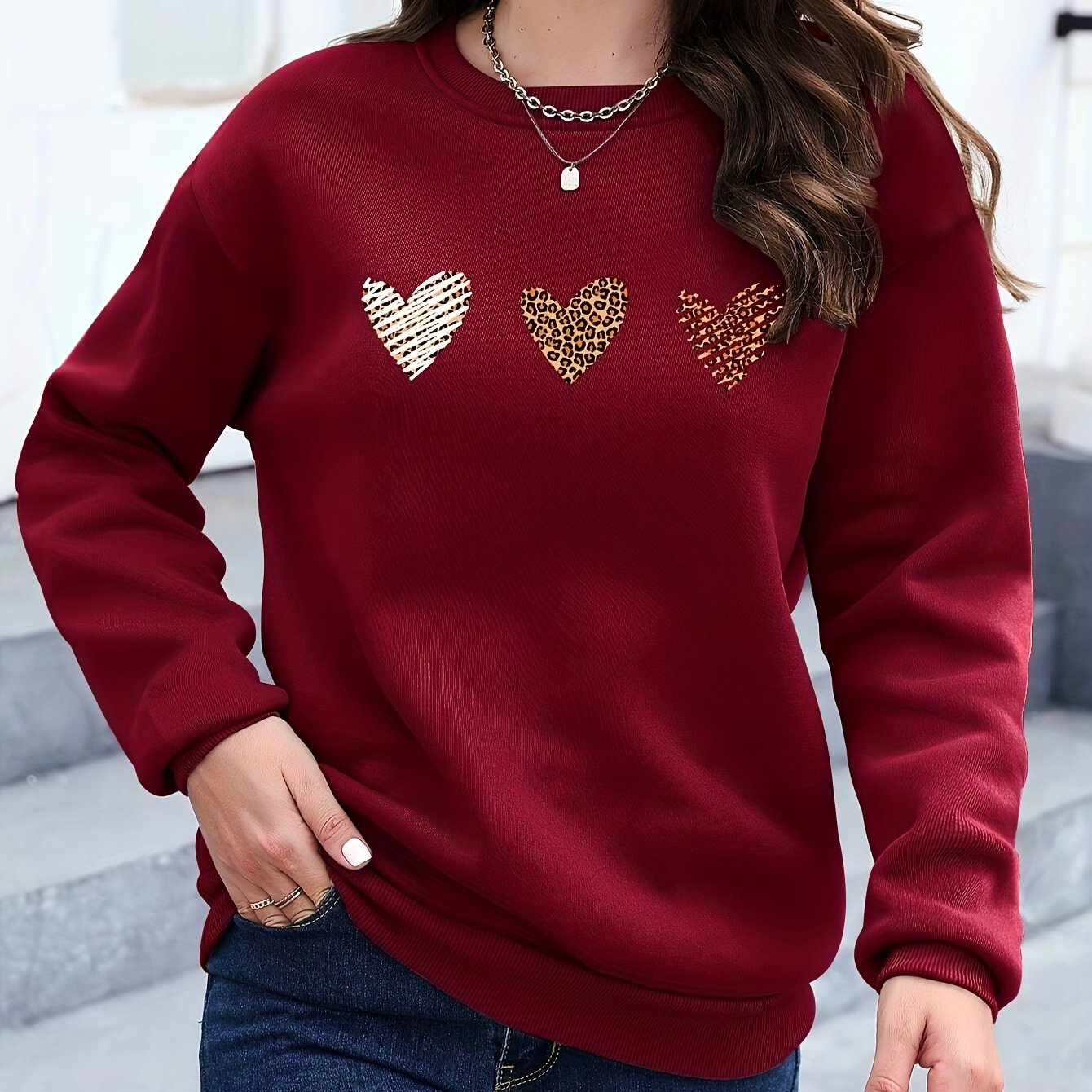 TEMU Women's Casual Long Sleeve Sweatshirt - Heart & Leopard Print Design, Maroon Color, Soft Fabric, Round Neck, Machine Washable, , Ladies