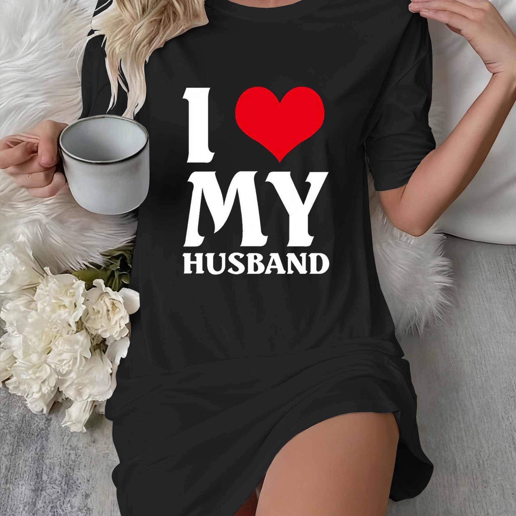 TEMU Women's Nightdress & Sleepdress With "i Love My Husband" Lettering - Short Sleeve Round Neck Nightgown, Pajama Dress For Spring/summer, Machine