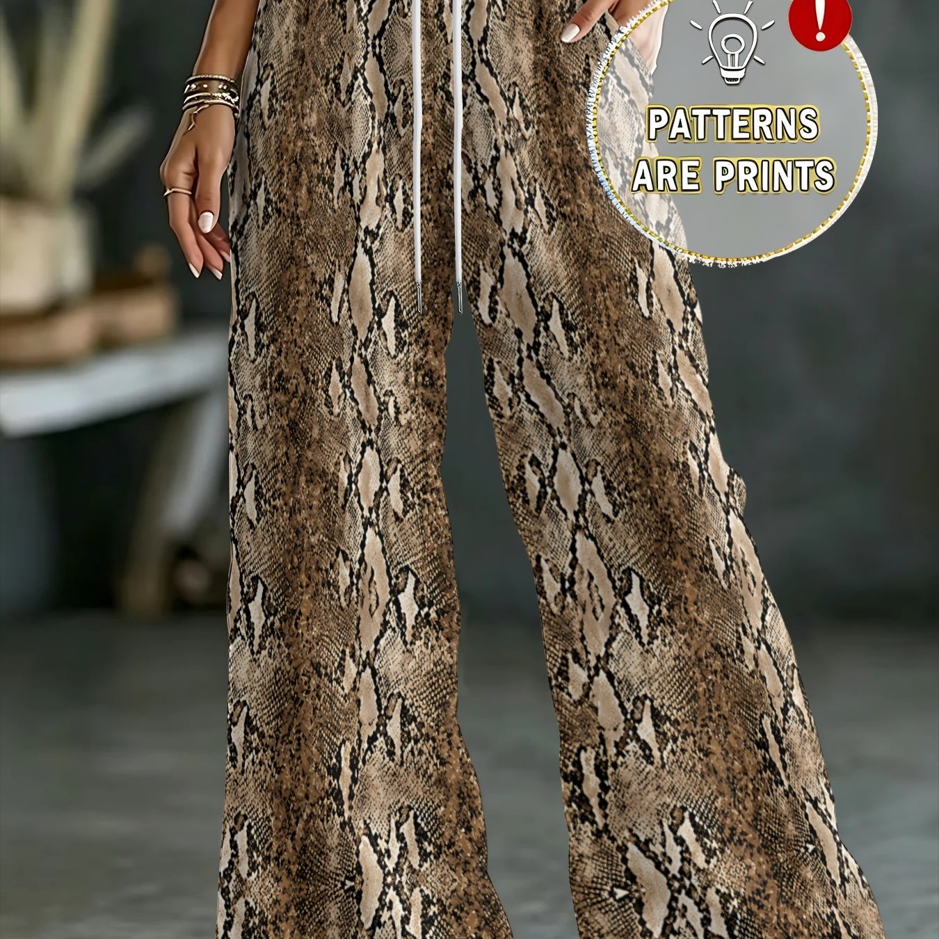 TEMU Women's High-waist Drawstring Wide-leg Casual Trousers With Pockets, Brown Local Snake Skin Texture Wild Pattern Long Pants, Loose And