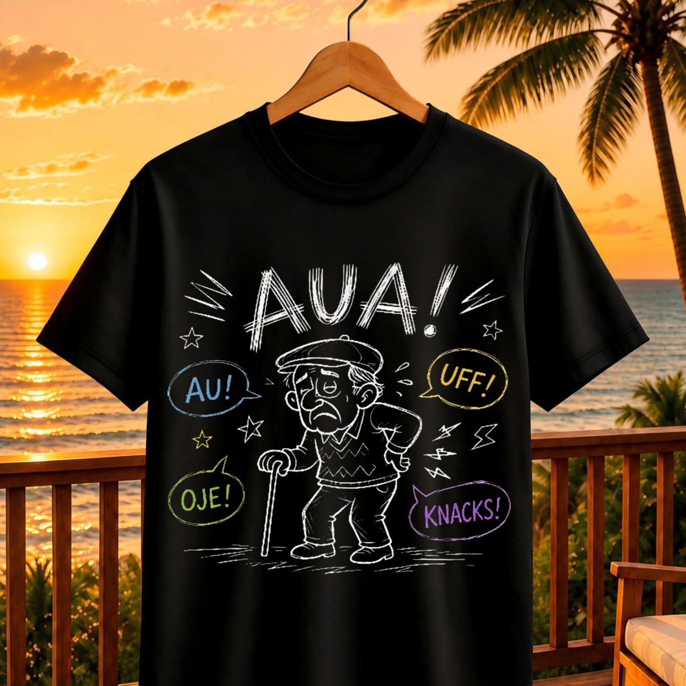 Aua Old For Man Pain Tshirt Cartoon Grandpa Colorful Doodle Style Funny Ger Ma N Text Unisex All T-shirt