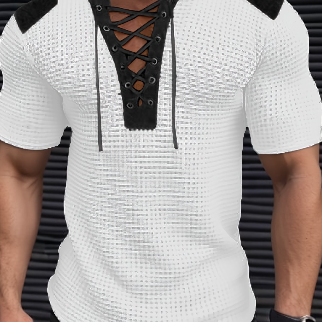 Image of Streetwear Hit! Men's Color-block V-neck Tie-back T-shirt With Waffle Knit Texture + Spliced Shoulders, A Must-have Short Sleeve For Trendy Men