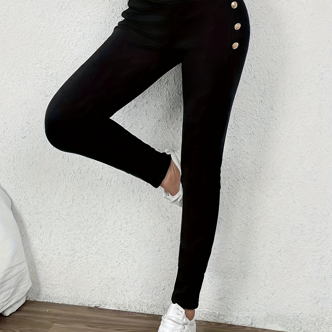 E-shop High-Waist-Leggings für Damen mit Metallknöpfen - Dehnbare Freizeithosen, Einfarbig, Maschinenwaschbar, Elegante & Bequeme Hosen für Frühling
