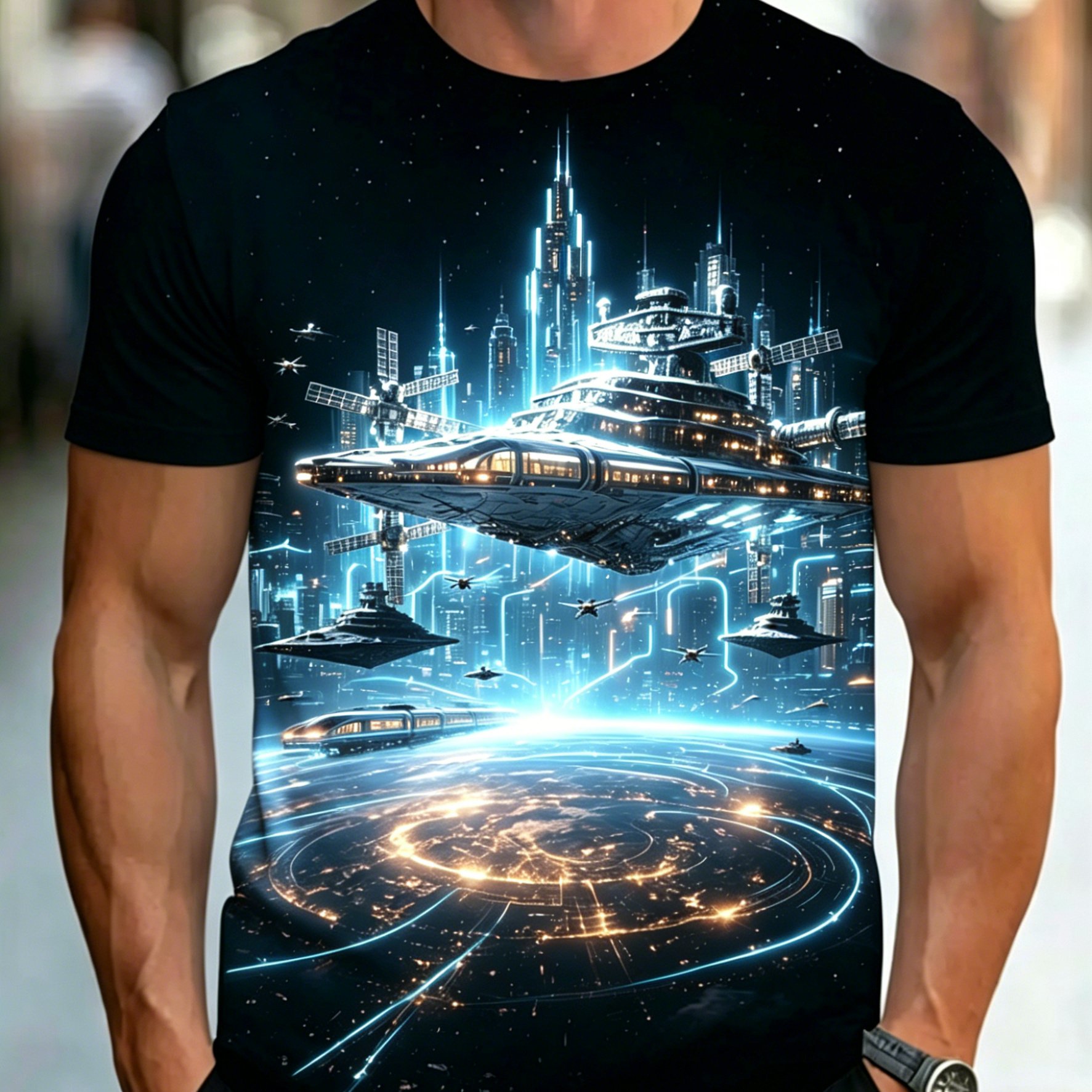 TEMU [printed Design - Not Textured] Futuristic City Spaceship Tech Style Plus-size Men's Short-sleeve T-shirt, Extra-large Loose Fit, Crew Neck