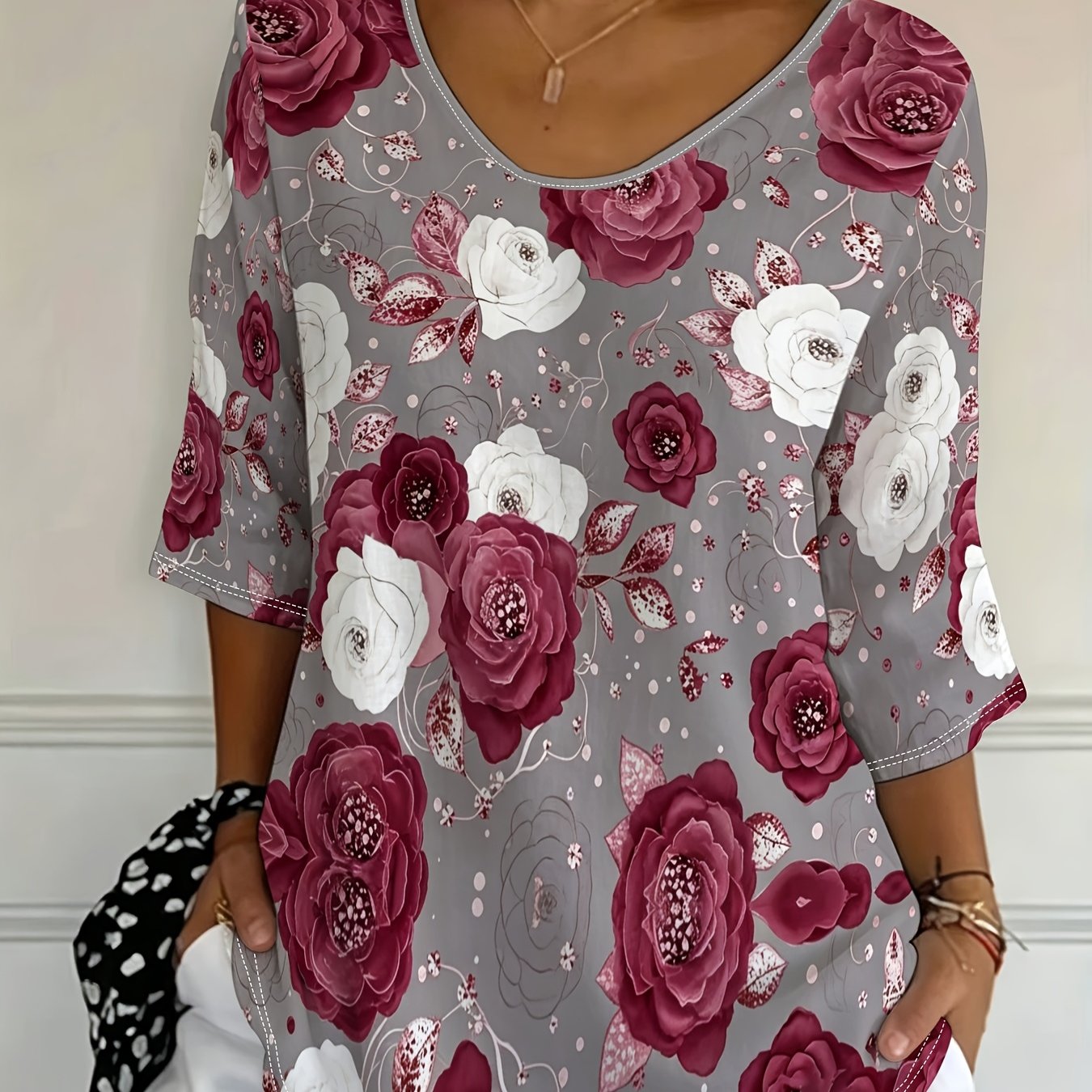TEMU Plus Size, [printe Esign-not Texture] Women's Elegant Floral Print Top, Casual Half-sleeve T-shirt, Spring 3/4 Sleeve Top, Elastic, Suitable For