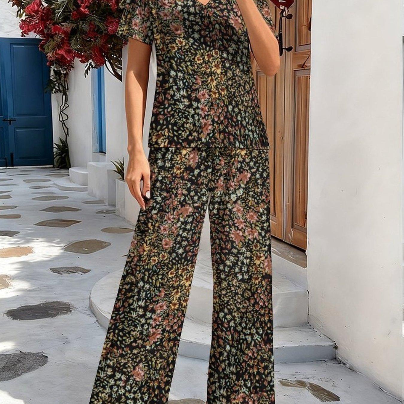 Women's Comfortable, Fashionable And Elegant V-neck Short Sleeves And Loose Pants Classic Trendy Pattern Print Suitable For Daily Life, Home, Leisure, Commuting, Shopping, Parties And Camping