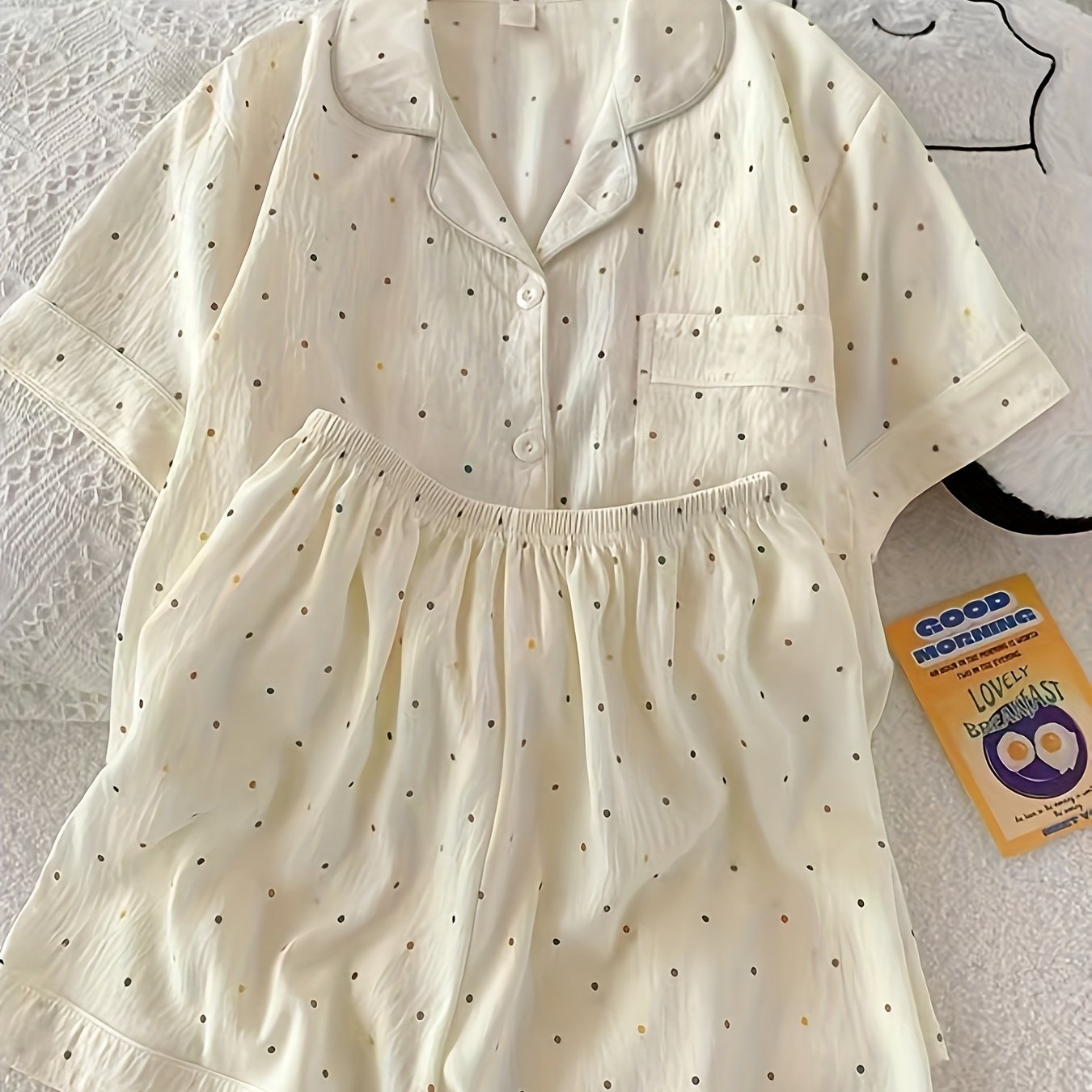 TEMU Ensemble de pyjama d'été pour femmes avec manches courtes et shorts, d'un joli motif à pois, parfait pour se tenir à ou en extérieur