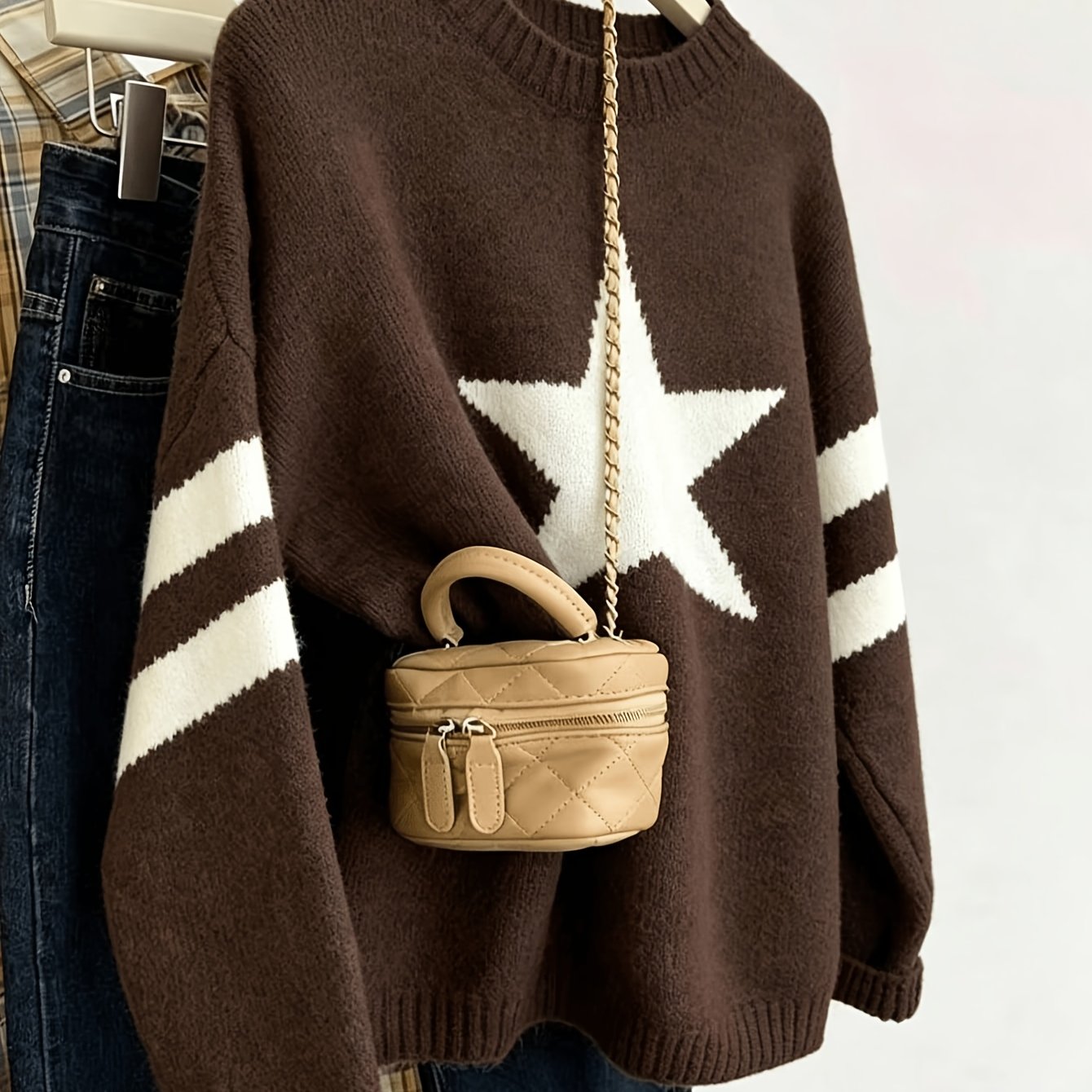 TEMU Background Large Star Stripe Sleeve Round Neck Loose Sweater Women's Autumn Winter Lazy Pullover