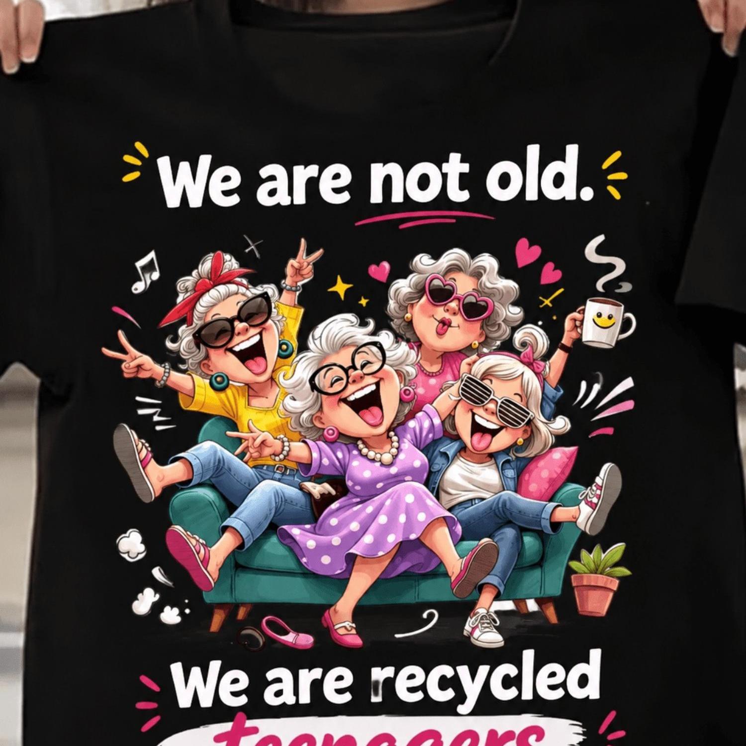 TEMU Women's Retro Cartoon Grandmas, Not Old Colorful Cartoon Round Neck Short Sleeve Top, Medium Washable Tshirt, Fun Spring Summer Women's Gi