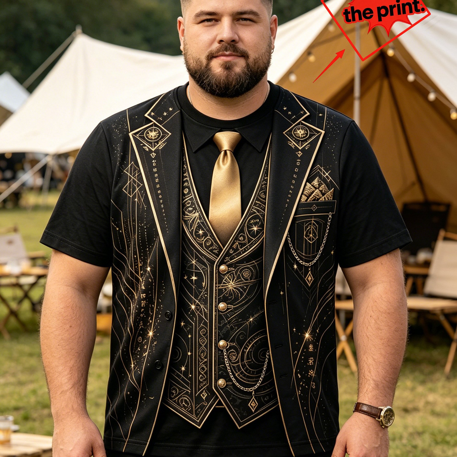 TEMU Short-sleeve T-shirt Top Covered All Over With Prints Of Astrological Geometric Lines And Decorative Chain , 's Wear Option Suitable For Outdoor