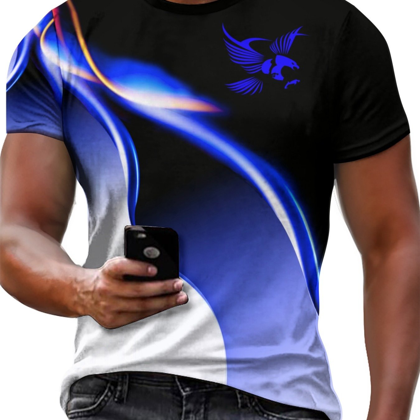 TEMU Men's Apq Printed T-shirt, Casual Crew Neck, Short Sleeve, Breathable Polyester Knit Fabric, Stretch For A , Formal Style, Plus Size