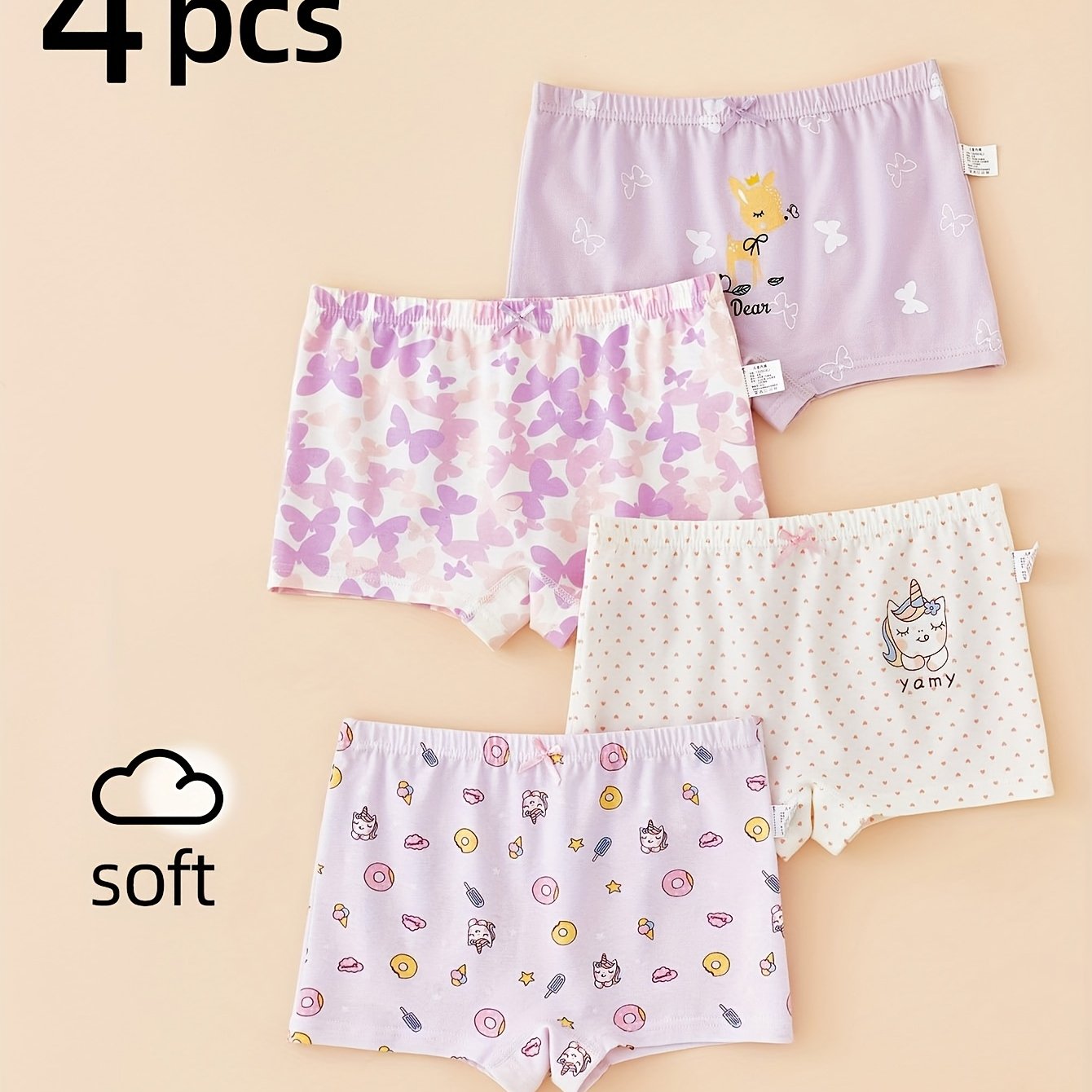 Image of 4 Pairs Of Girls' Panties, Purple With Small Deer Cartoon Print, Comfortable And Breathable Four- Shorts For