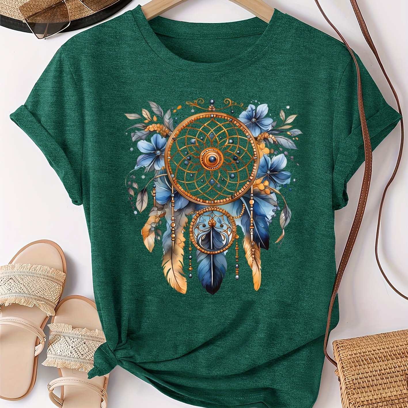 TEMU Elegant Women's Short Sleeve T-shirt Floral Print | Comfortable, Soft, Breathable, , Crew Neck, Medium Stretch Fabric, , In Sizes S-xxl