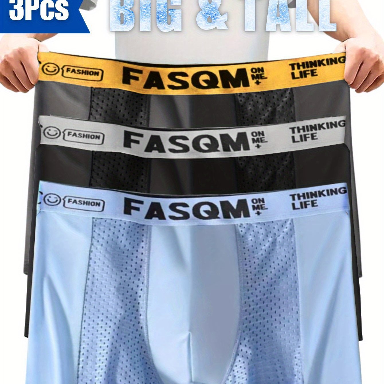 TEMU 3pcs Plus Size Men's Ice & Soft Boxer Briefs - Breathable Mesh, Stretchy With Contrast Letter Waistband , , Black, Deep Gray, Plus Size