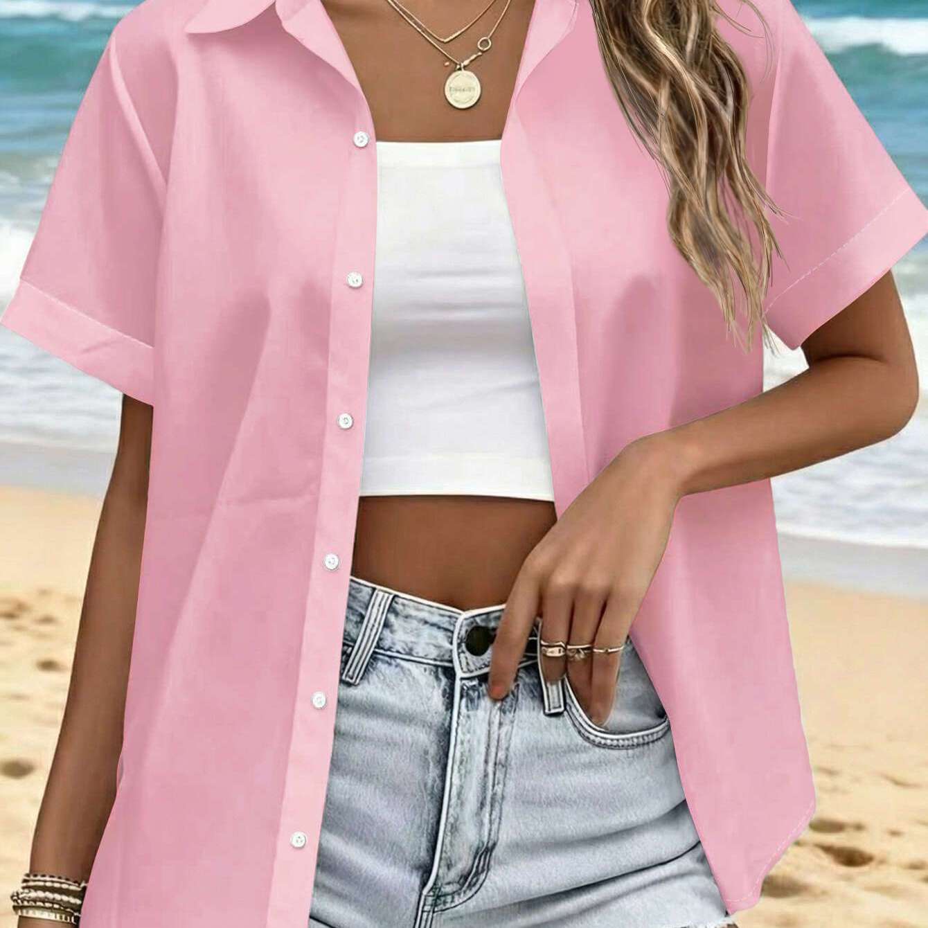 TEMU Women' Pink Short-sleeve Button-up Shirt - Collar -compatible Top | Machine-washable Solid Button-front Mechanism Suitable For Spring/summer