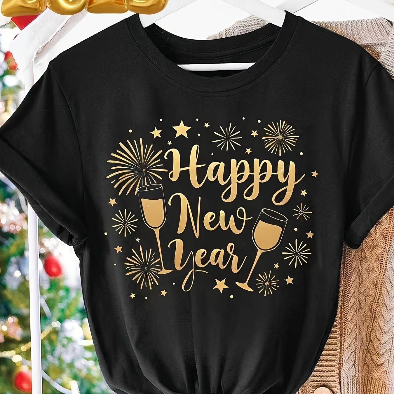 TEMU New Year's Edition Series Fireworks All Fashionable Vintage Style Women's Summer Casual Sporty Round Neck Short Sleeve T-shirt S-xx
