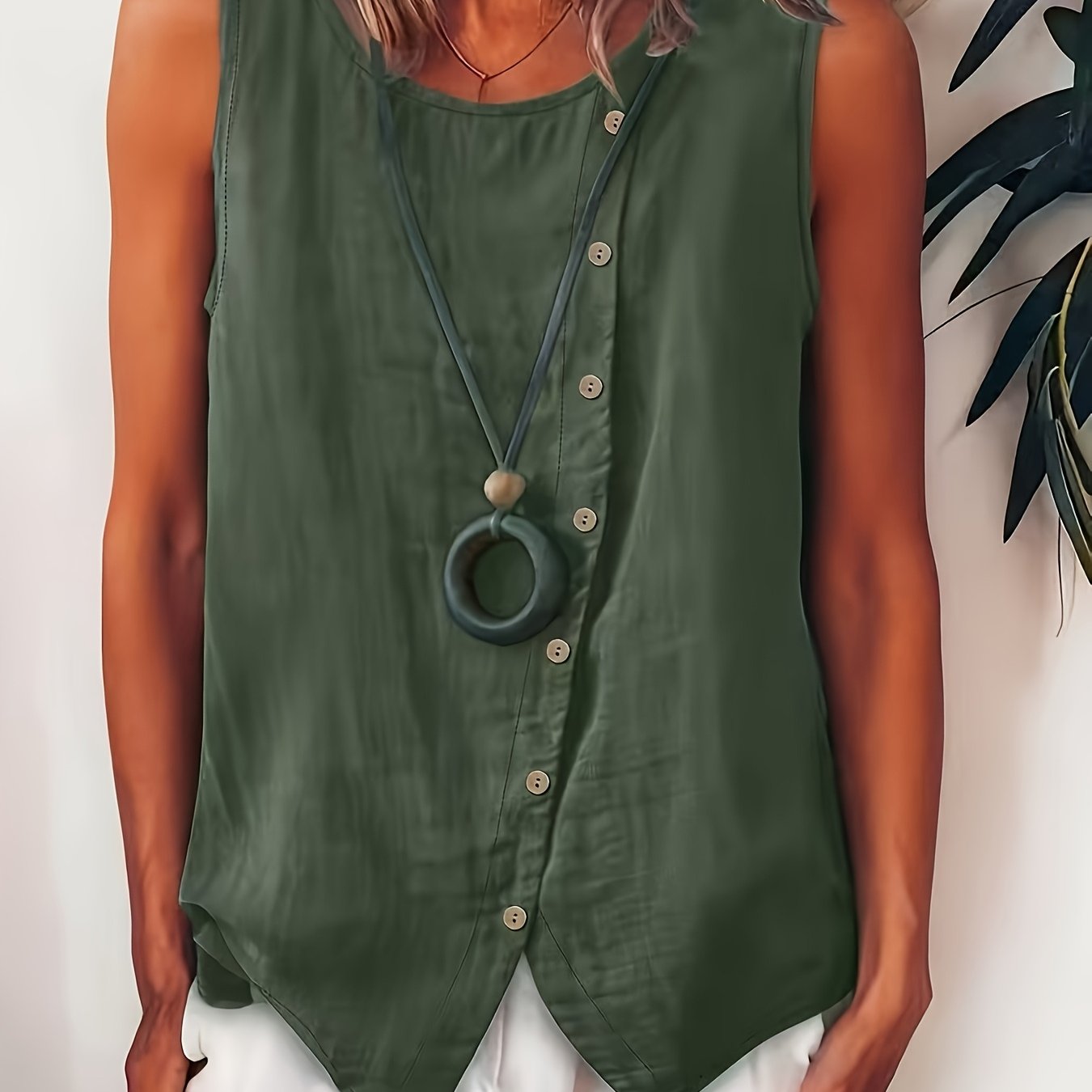E-shop Einfarbige dekorative Button Rundhals Tank Top für Damen, ärmellos, lässig, für den Sommer