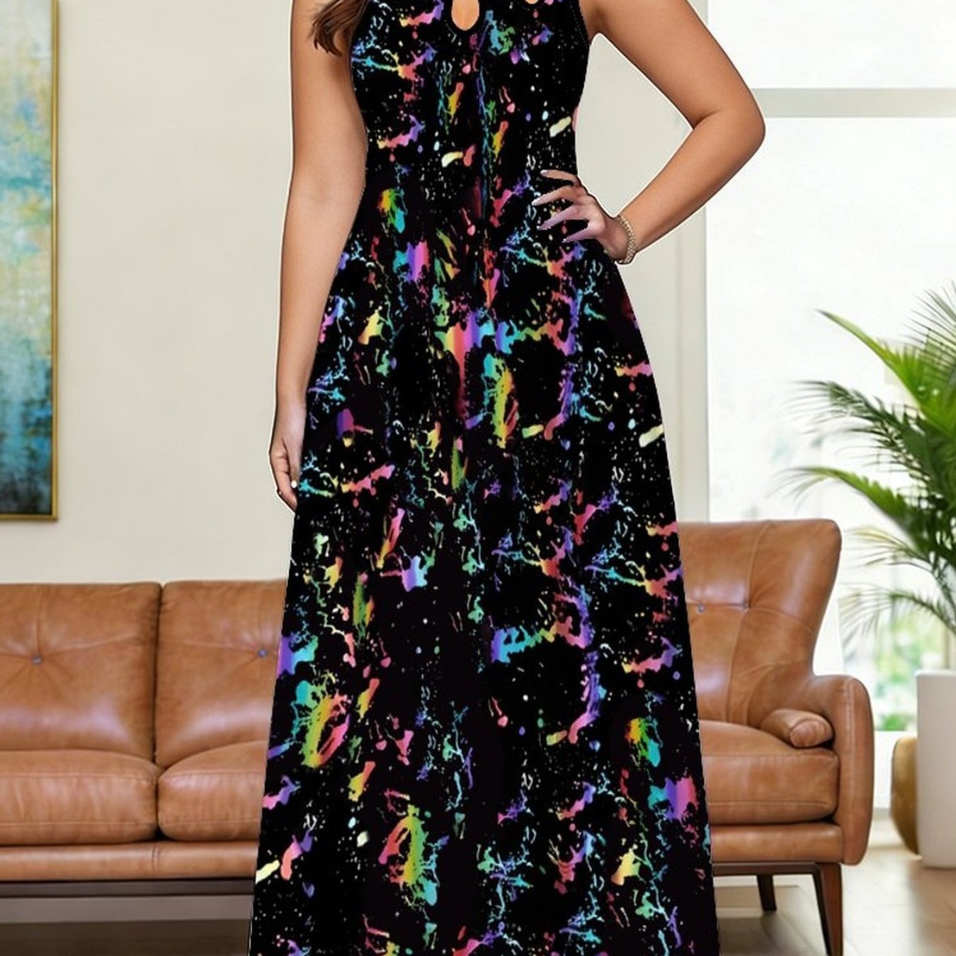 Plus Size - Women's Dress, Women's Plus-size Dress, Tie-dye Style Full-body Print, Elegant Women's Wear, Trendy Fashion Style, Beach Vacation , Sleeveless Dress With Chest Cutout Vest
