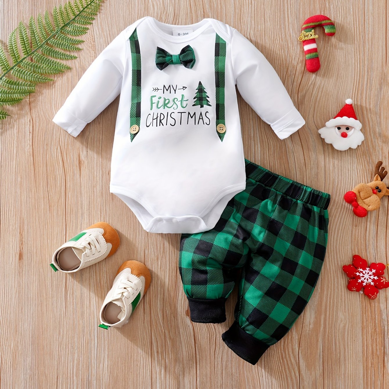 Ensemble Noël Bébé Garçon - T-shirt à Carreaux & Pantalon à Bretelles - Taille 0 Mois à 7 Ans