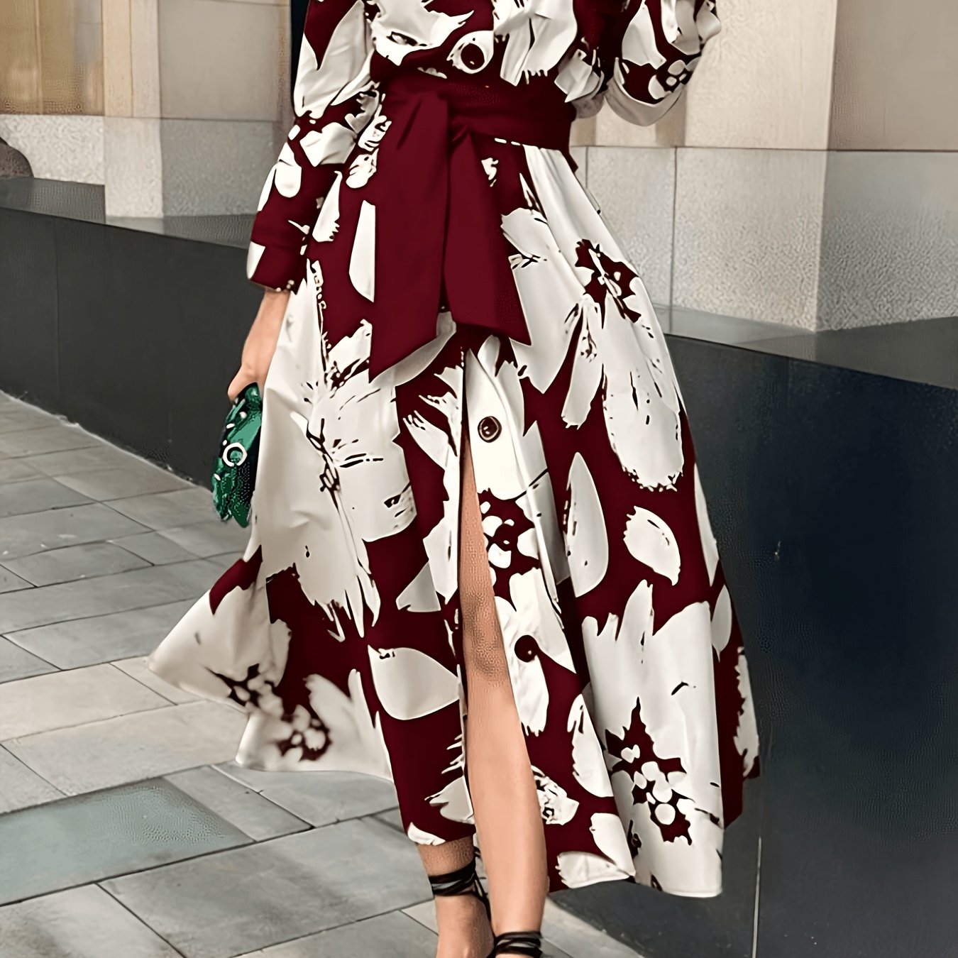 TEMU Women's Fashionable And Elegant Lapel Collar Long Sleeve Waist-cinching Flared Shirt Dress