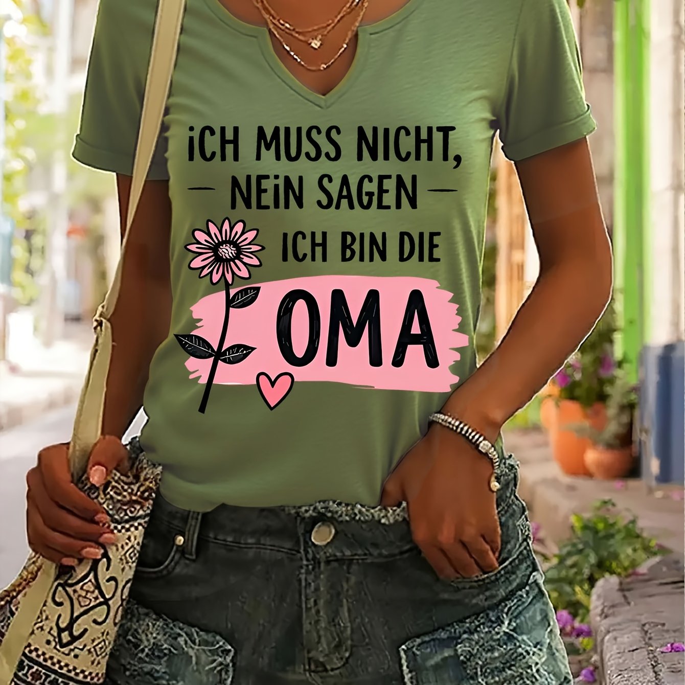 Ich Muss Nicht, Nein Sagen, Ich Bin Die Oma Letter Print T-shirt Short Sleeve V Neck Casual Top For Summer, Fashion Women's Clothing