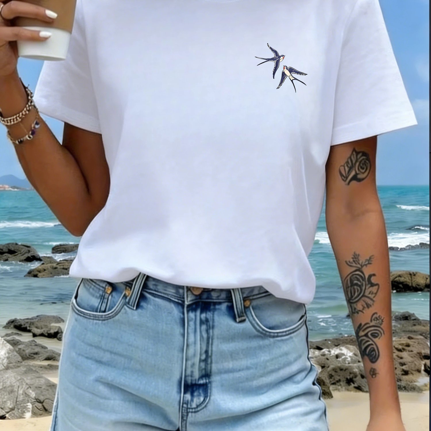 TEMU Women's Hand-painted 2 Flying T-shirt - Soft Breathable Loose-fit Short Sleeve Round Neck Blouse Suitable For Casual Daily Wear & Vacation