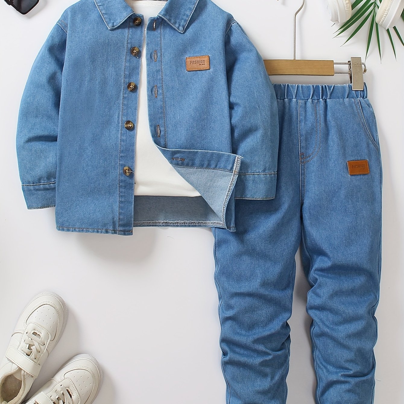 Image of 1 Set Young Denim Long Sleeve And Long Pants Set: Includes Long Sleeve Denim Shirt And Elastic Waist Denim Long Pants, Very Casual, Easy, And Comfortable, For Outdoor