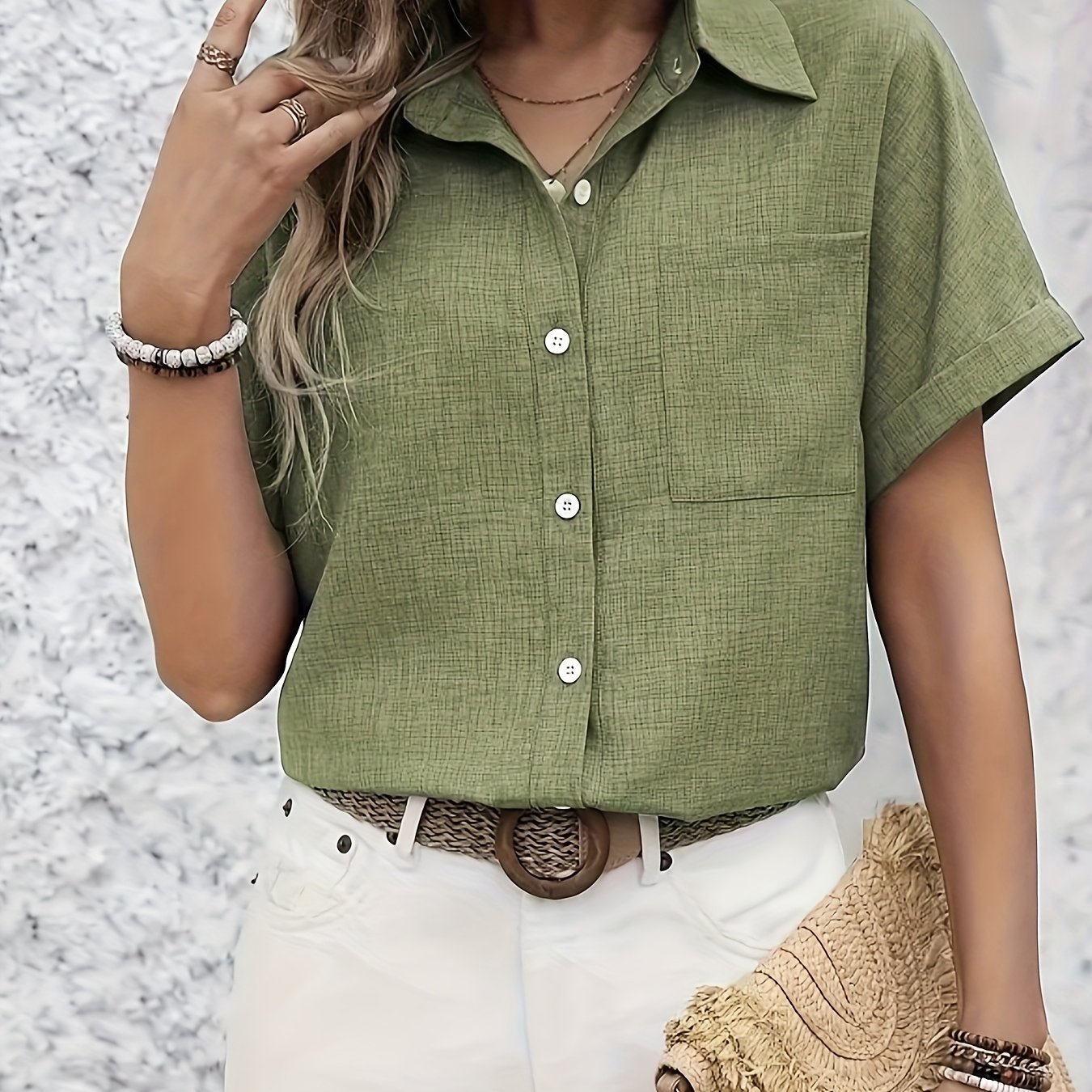 E-shop Elegante Damen-Short-Sleeve-Casual-Pocket-Shirt - Hellgrün, Knopf-Oberteil-Bluse mit Brusttasche, für Frühling/Sommer, Kurzarm-Bluse