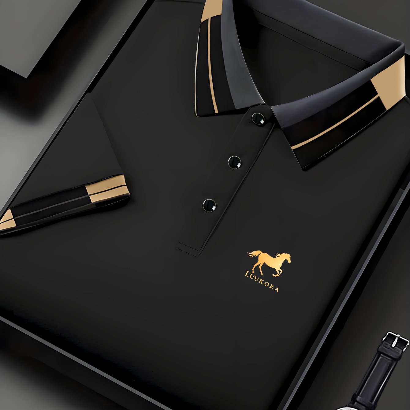 TEMU Polo Homme Manches Courtes Haut de Gamme, avec un Imprimé Silhouette de Cheval Galopant en Doré, Chemise Légère Lavable en Machine, Adaptée à