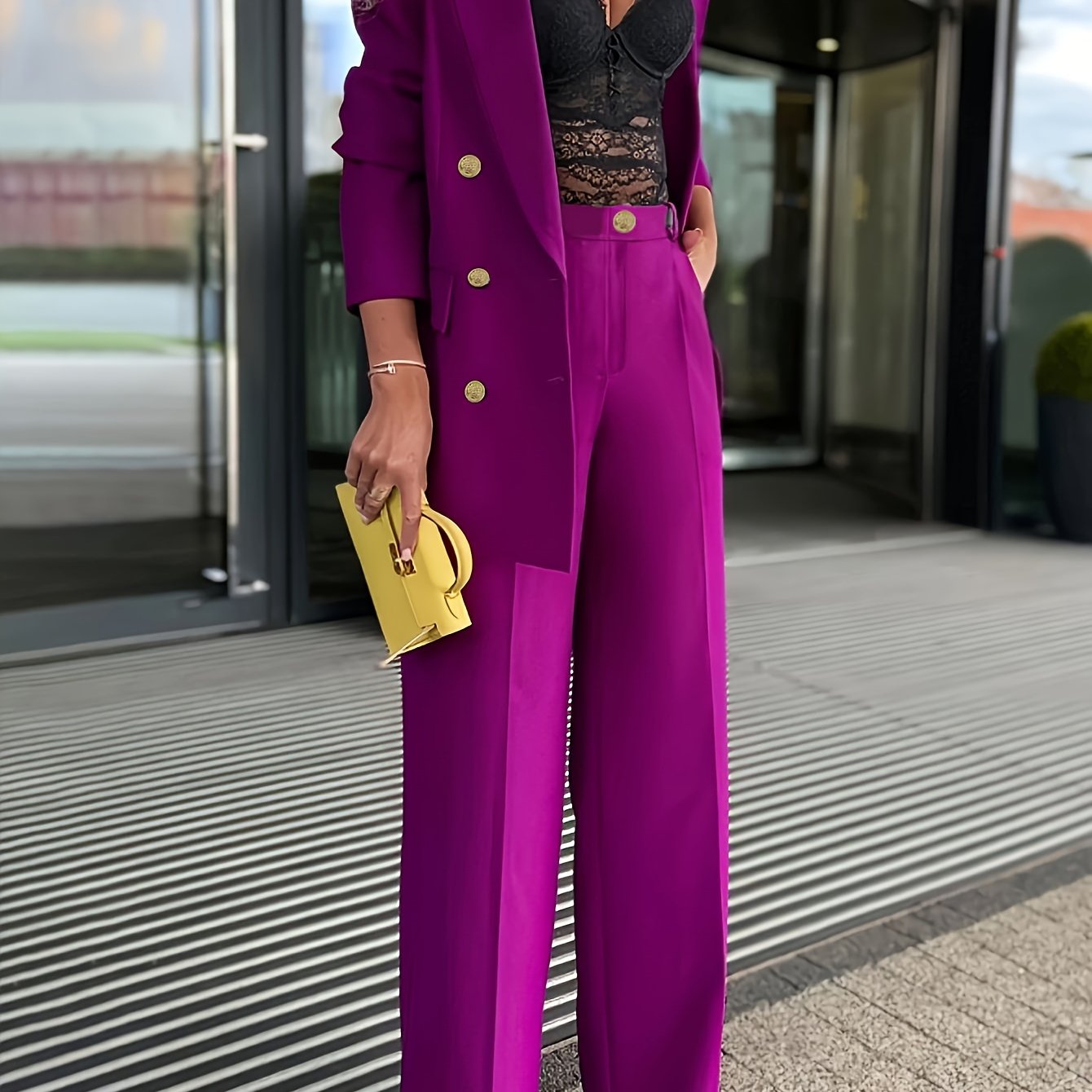 Women&#39;s Elegant Polyester Blazer Suit Set - 95% Polyester 5% Spandex Peak Lapel Solid Color Two-Piece, Button Detail, Woven Fabric, All-Season Office Wear